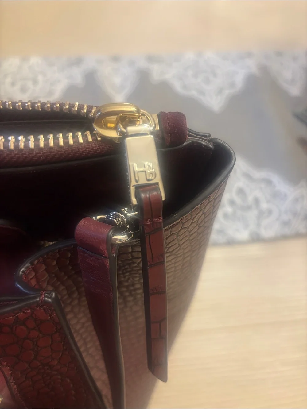 henri bendel Croc-Embossed Burgundy Tote with Card Pouch - Picture 6 of 14